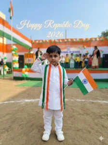 26 January AI Photo Editing Prompts for Baby Boy showing Indian baby boy saluting with national flag on Republic Day 2026