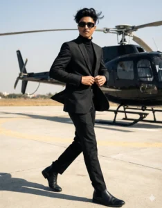 luxury AI photoshoot prompt for boys wearing black suit with helicopter background generated using Gemini AI