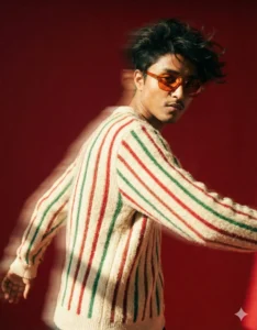 cinematic AI portrait prompt for boys showing artistic motion blur with striped sweater and dramatic red background