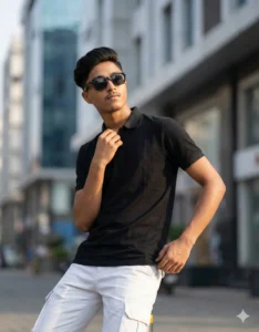 street style AI photo prompt for boys wearing black t-shirt and white pants in urban background