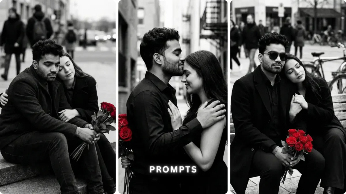 Black and White Romantic Couple AI Photo Prompts sitting and embracing with red roses, cinematic AI-generated couple photography using Gemini AI photo prompts 2026