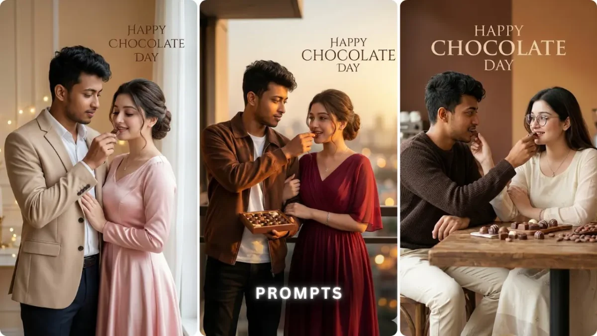 Romantic Chocolate Day Couple AI Photo Editing Prompts sharing chocolates created using AI photo editing