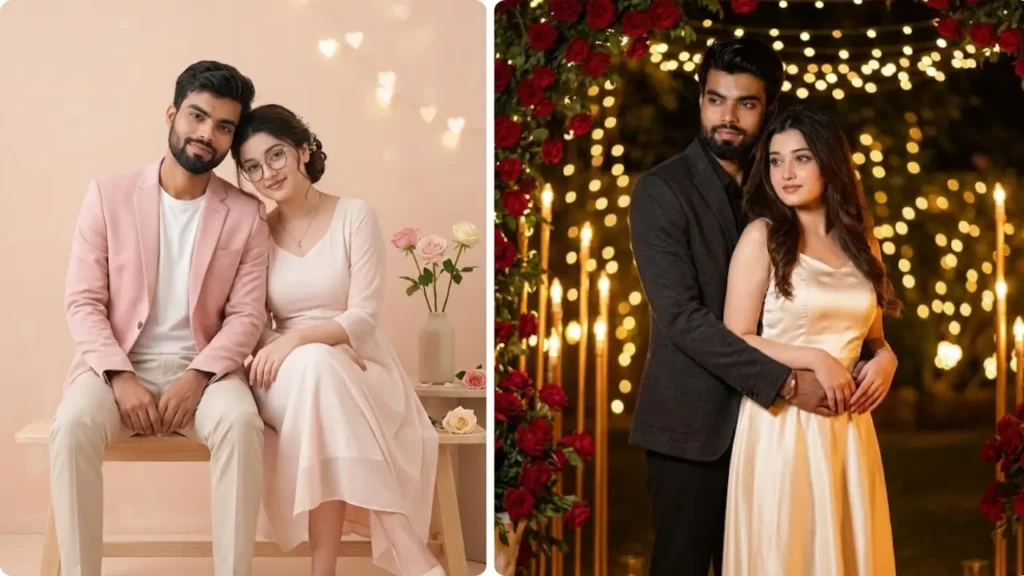Ultra-realistic Rose Day couple AI photo showing close-up emotional portrait and cinematic night romance with warm lights