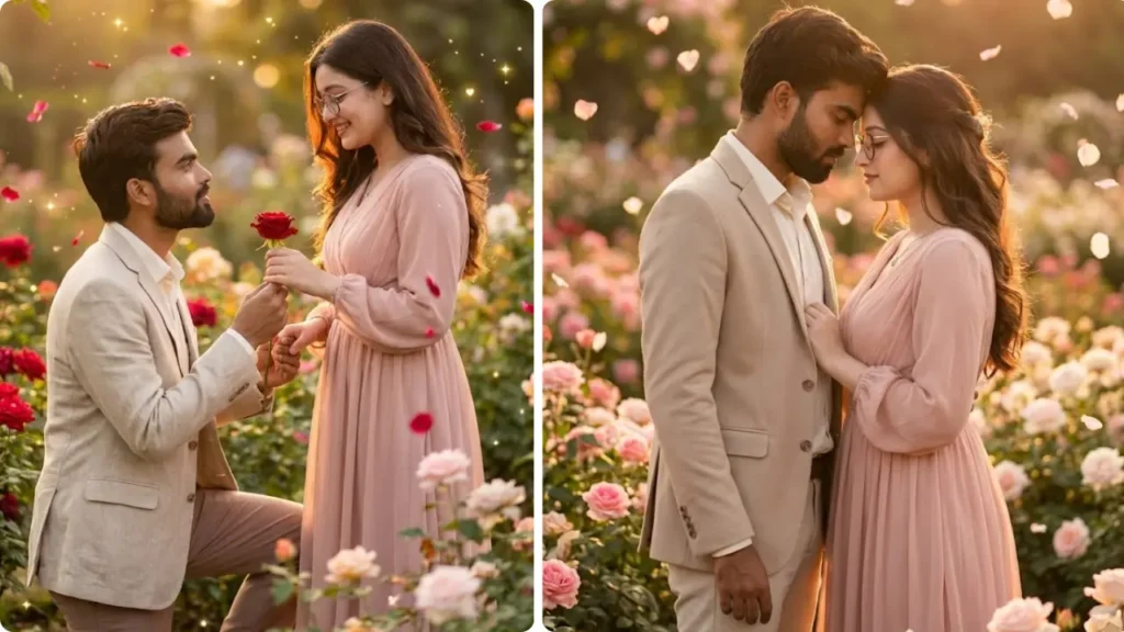 Romantic Rose Day couple holding red roses with soft eye contact and gentle forehead touch in a rose garden