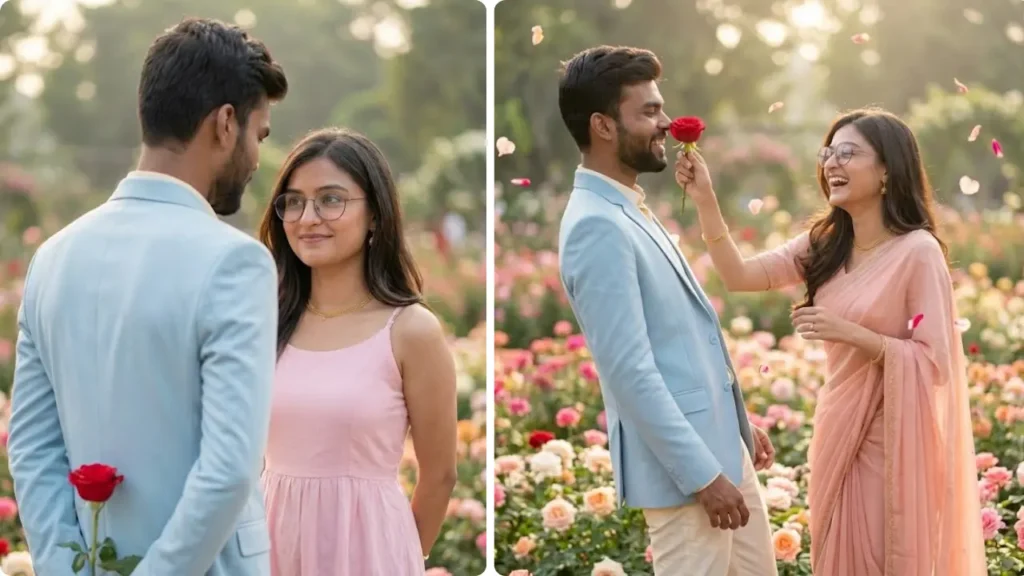 Cute and playful Rose Day couple AI photo showing first rose moment with smiles, soft eye contact, and garden background