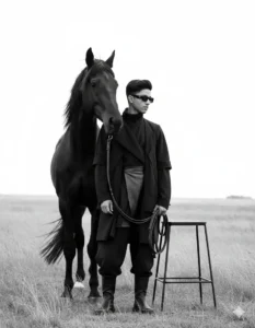 Dark Aesthetic Aura Farming AI Photo Prompts creating a moody black and white cinematic portrait with strong editorial aura