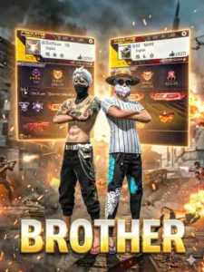 Free Fire Duo AI Photo Prompt for Gemini showing two Free Fire characters in a cinematic duo pose with advanced profile stats, heroic emblems and battlefield background