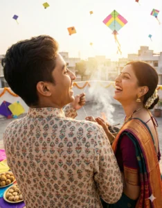 Gemini Makar Sankranti AI Photo Editing Prompts showing a happy Indian couple flying kites on a rooftop during golden hour