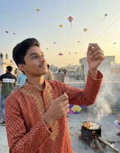 Gemini Makar Sankranti AI Photo Editing Prompts solo portrait of a boy flying kite in red kurta