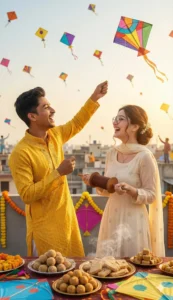 Gemini Makar Sankranti AI Photo Editing Prompts featuring a traditional Indian couple flying kites with festive sweets