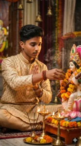 Boy offering flowers to Goddess Saraswati using Gemini Saraswati Puja AI Photo Editing Prompt For Boy