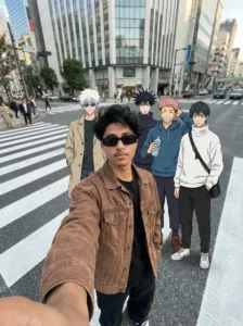 Selfie With Jujutsu Kaisen AI Photo Editing Prompts For Boys taking a realistic Tokyo street selfie with Jujutsu Kaisen anime characters using Google Gemini AI