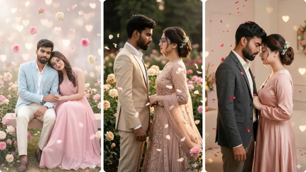 Instagram aesthetic Rose Day couple AI photo with soft pastel outfits, luxury fashion styling, and editorial romantic poses