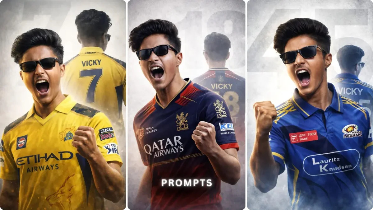 IPL team jersey AI photo prompt for RCB MI CSK fans using own photo