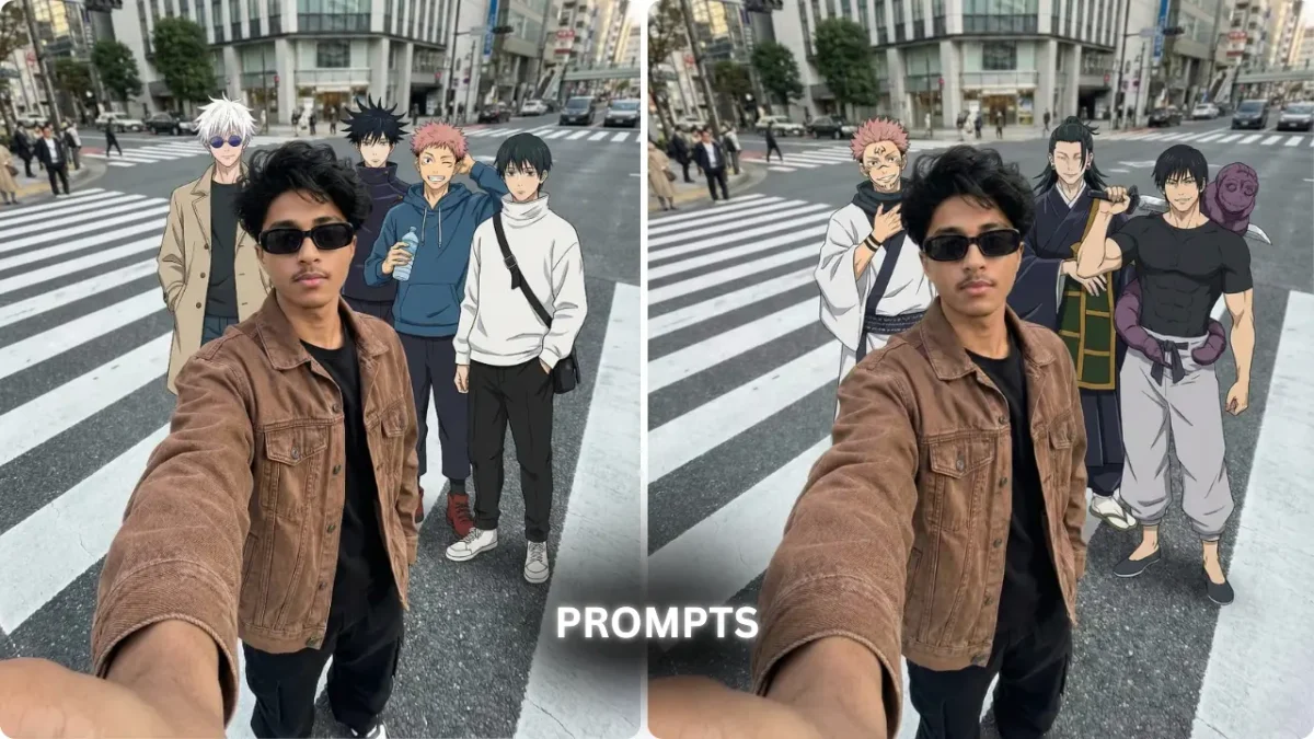 Selfie With Jujutsu Kaisen AI Photo Editing Prompt for Boys 2026 taking a realistic Tokyo street selfie with Jujutsu Kaisen anime characters using Google Gemini AI photo editing prompts