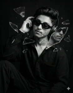 Cinematic portrait with broken glass effect created using Latest Aesthetic AI Photo Editing Prompts For Boy