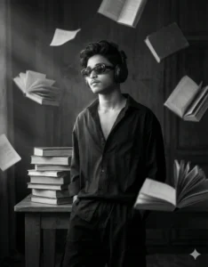 Creative portrait of a boy with flying handwritten pages using Latest Aesthetic AI Photo Editing Prompts For Boy