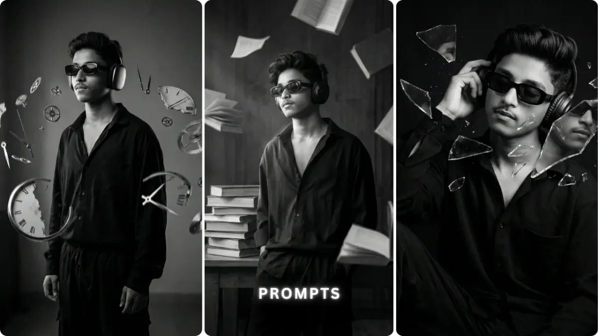 Boy surrounded by floating books edited using Latest Aesthetic AI Photo Editing Prompts For Boy