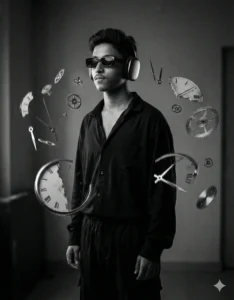 Surreal black and white portrait created using Latest Aesthetic AI Photo Editing Prompts For Boy with floating clock elements
