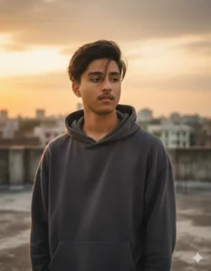 Latest Gemini AI Aesthetic Photo Prompt For Boys featuring a cinematic rooftop sunset portrait with hoodie and natural lighting