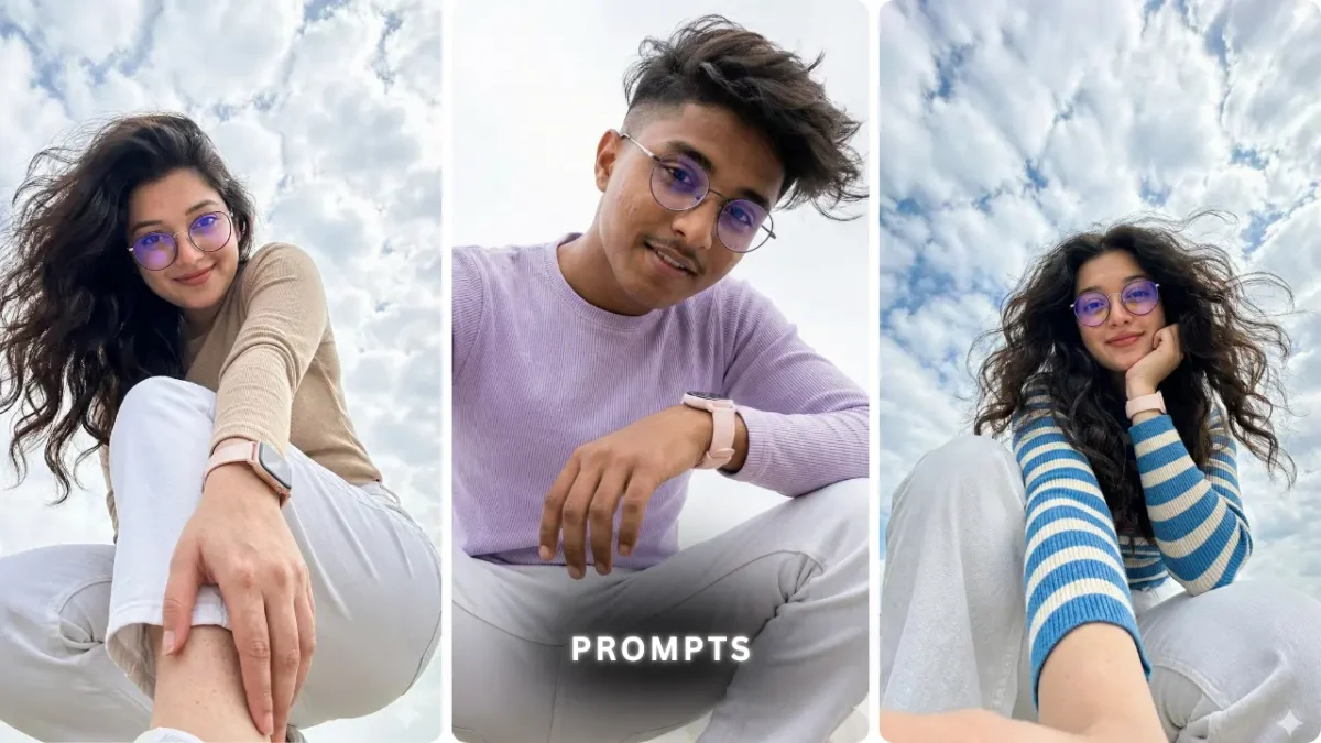 Low Angle Portrait AI Photo Editing Prompt for Girls and Boys showing realistic, cinematic portraits shot from below eye level with a modern sky background
