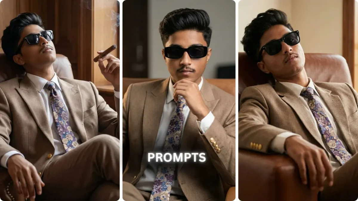 Luxury Old Money Gentleman AI Photo Prompt showing a stylish boy in a vintage brown suit, floral tie, sunglasses, calm expression, old money aesthetic portrait created with Google Gemini