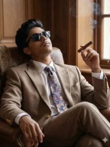 Luxury Old Money Gentleman AI Photo Prompt featuring a confident boy in a vintage brown suit, floral tie, sunglasses, holding a cigar, calm old money aesthetic portrait created with Google Gemini