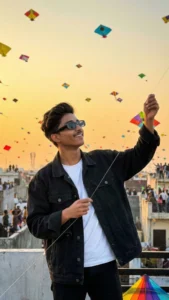 Makar Sankranti 2026 AI Photo Editing Prompt golden hour rooftop portrait with colourful kites