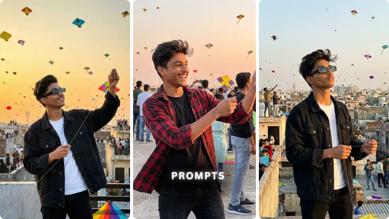 Makar Sankranti 2026 AI Photo Editing Prompt showing stylish youth flying kites on a rooftop with festive golden sunlight