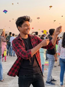 Makar Sankranti 2026 AI Photo Editing Prompt action shot of kite flying on crowded rooftop