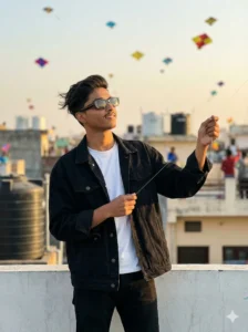 Makar Sankranti 2026 AI Photo Editing Prompt modern rooftop portrait with sunglasses and kite festival background