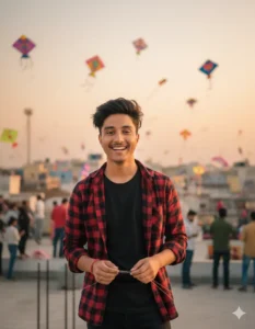 Makar Sankranti 2026 AI Photo Editing Prompt smiling festive portrait with colorful kites in background