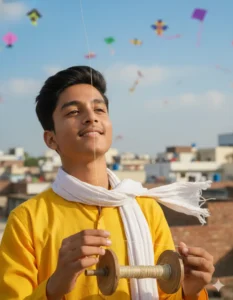 Makar Sankranti 2026 AI Photo Editing Prompt portrait of a boy flying kite wearing yellow kurta under blue sky