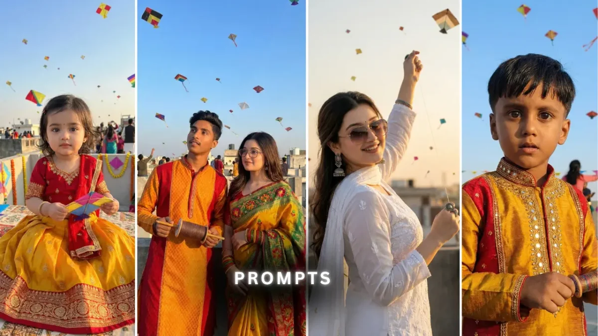 Makar Sankranti AI photo editing prompts for baby boys and girls with traditional outfits, colorful kites, and festive Indian family celebration