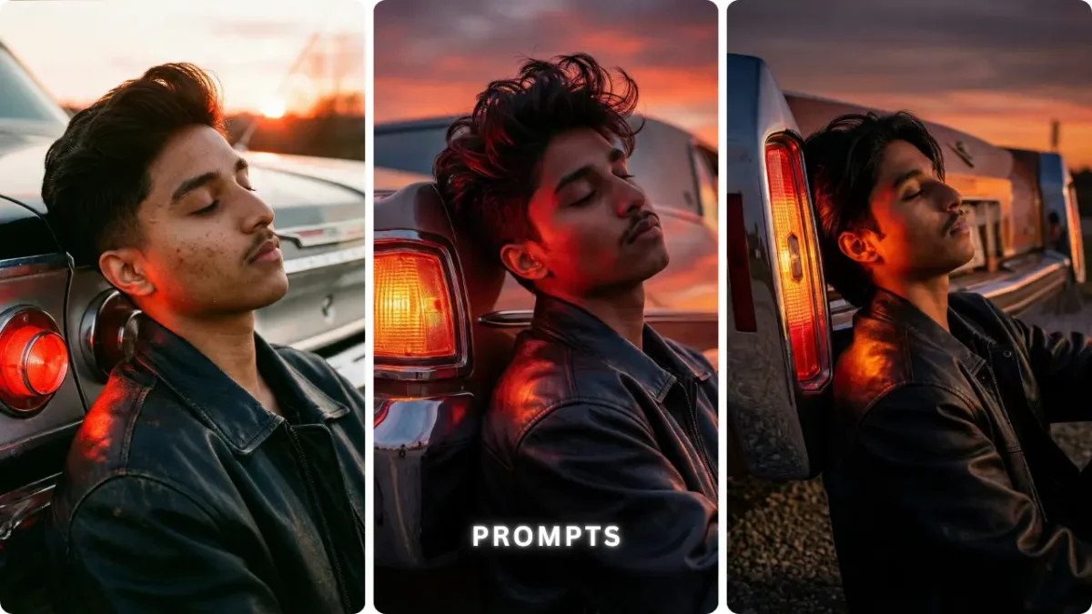 Moody sunset portrait AI photo editing prompt with ultra-realistic cinematic lighting and emotional boys aesthetic