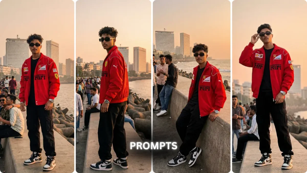 Young boy wearing a red jacket posing at Mumbai Marine Drive during sunset, edited using Marine Drive AI Photo Editing Prompt and photo prompt for Gemini with cinematic lighting