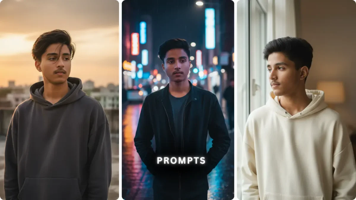 Latest Gemini AI Aesthetic Photo Prompt For Boys showing cinematic hoodie portraits with realistic lighting and aesthetic mood 2026