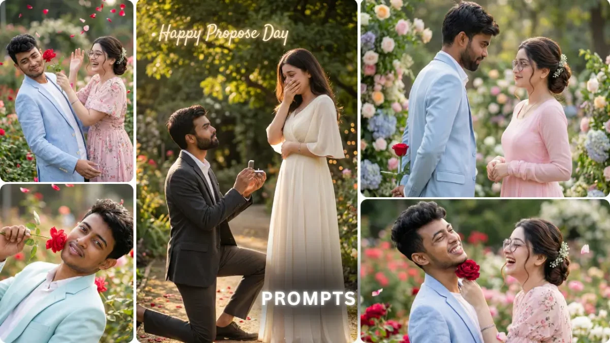 Propose Day AI photo Prompts of a couple created using Gemini and ChatGPT image generation