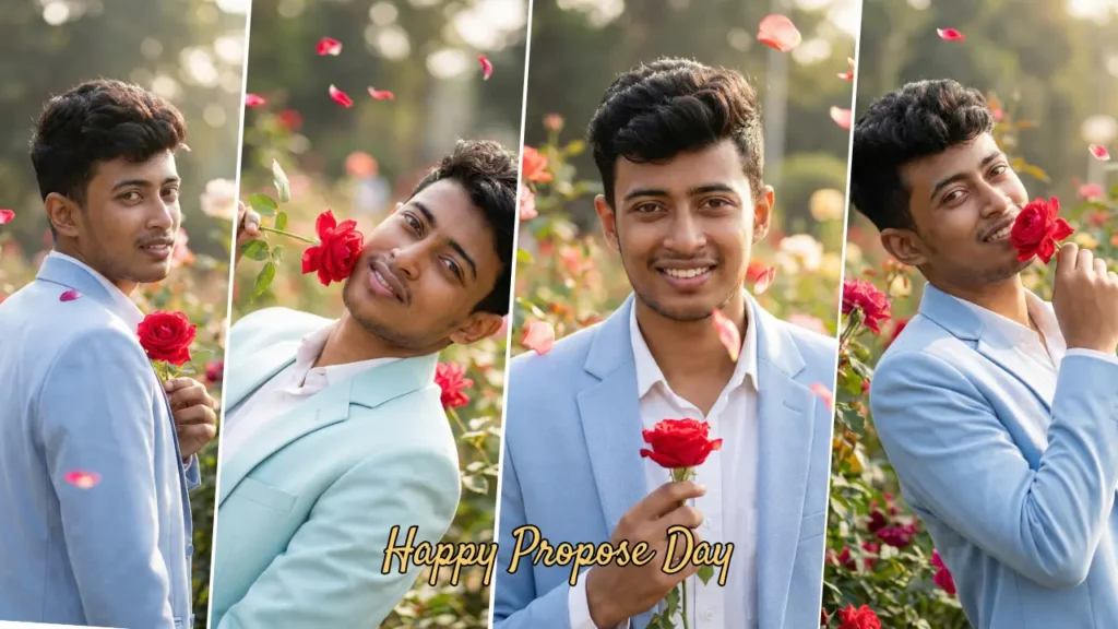 Propose Day AI photo prompts for boys crush confessions showing a boy holding a rose in romantic poses generated using Gemini and ChatGPT single boy