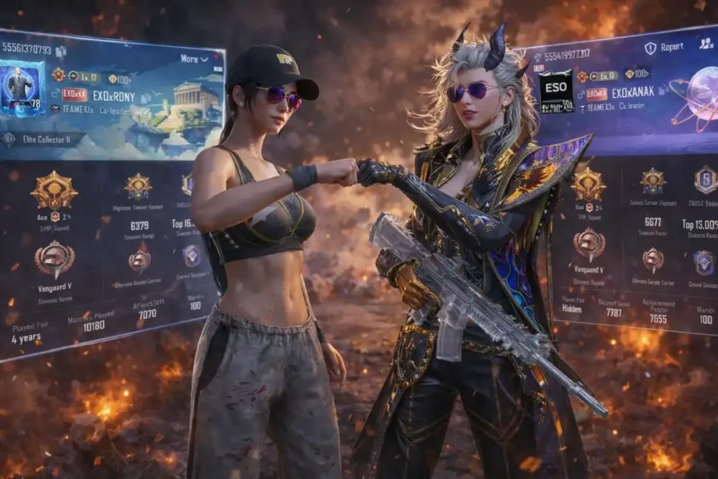 Pubg Duo AI Photo Prompt for Gemini showing two PUBG characters in a cinematic duo pose with futuristic UI panels, esports stats and battlefield background