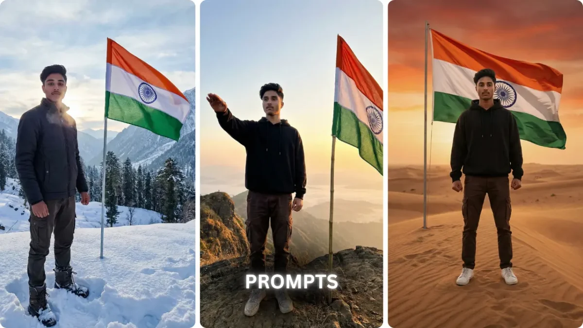 Republic Day 2026 AI Photo Editing Prompts featuring a young man standing with Indian national flag in patriotic cinematic background