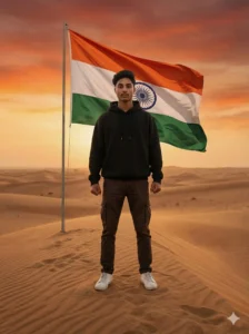 Republic Day 2026 AI Photo Editing Prompts featuring a young man standing with Indian flag in a cinematic desert background