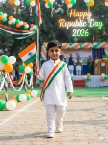 Republic Day Prompt featuring baby boy walking proudly with Indian flag using 26 January AI Photo Editing Prompts for Baby Boy