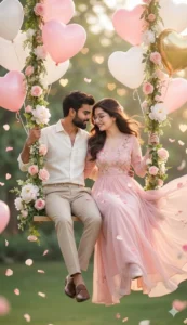 Ultra-realistic Rose Day couple AI photo prompt with floral swing, heart balloons, soft pastel outfits, and romantic lighting
