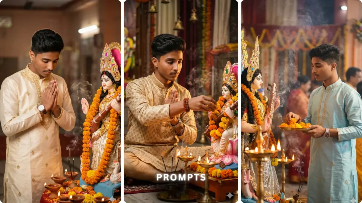 Traditional Gemini Saraswati Puja photo of a boy edited using Saraswati Puja Prompt with Gemini AI