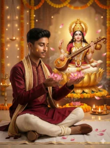 Saraswati Puja AI Photo Prompt featuring a boy with Goddess Saraswati in a divine AI edited portrait