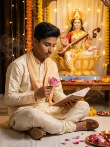 Saraswati Puja Prompts showing a student reading a book during Saraswati Puja with realistic AI photo editing