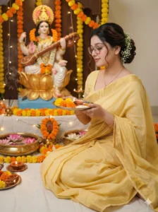 Saraswati Puja AI Photo Prompt 2026 showing a girl in yellow saree performing Saraswati Puja with divine AI photo editing