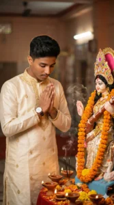 Traditional Saraswati Puja photo of a boy edited using Saraswati Puja Prompt with Gemini AI