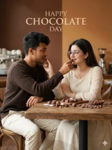 Cinematic Chocolate Day AI photo editing prompts couple sharing chocolates created using AI photo editing prompts